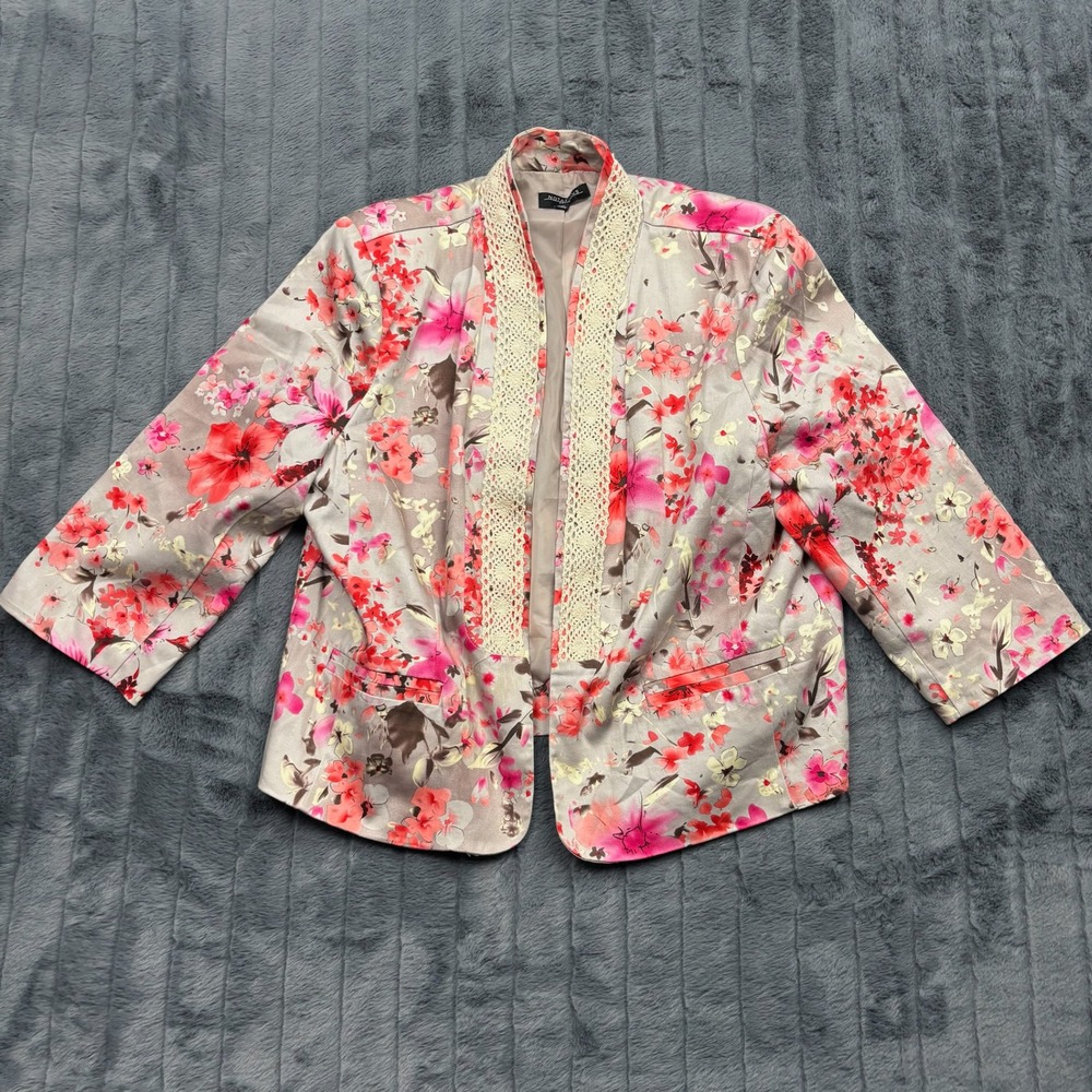 Notations Petite Floral Open Front Blazer Crochet Trim Pink Red PXL PCNJ0245